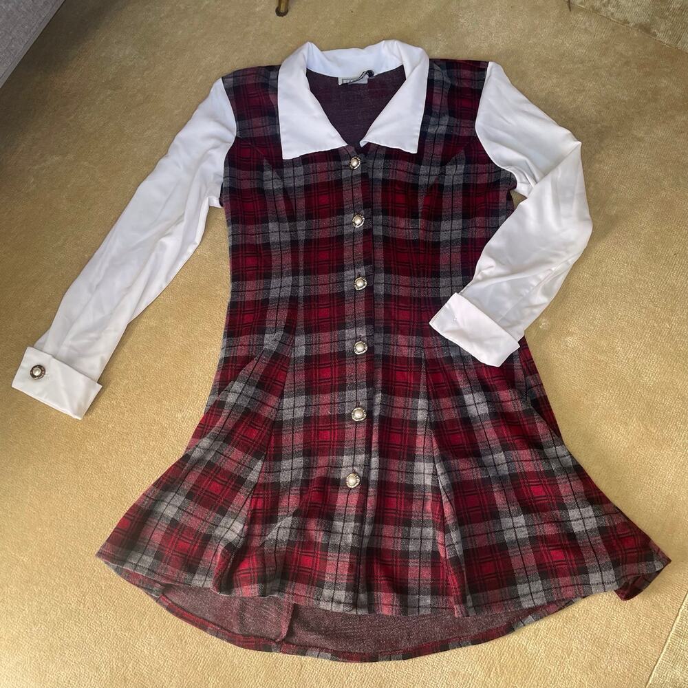 Vintage Plaid Red Festive Collared Dress DBY Pearl Buttons Dark Academia